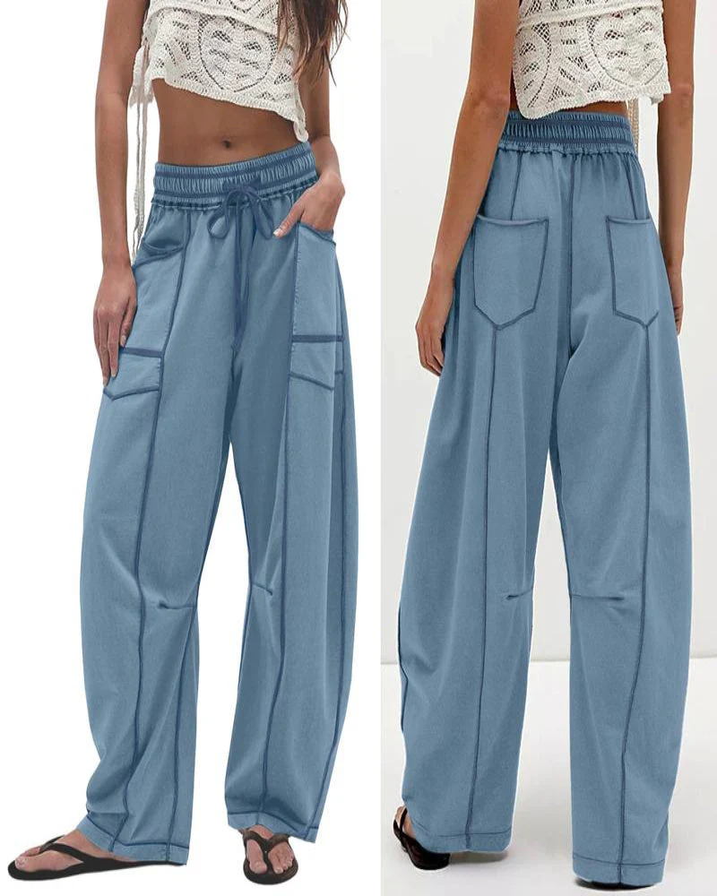 Womens Baggy Barrel Pants Wide Leg Lounge Drawstring Sweatpants with Pockets - Image 10