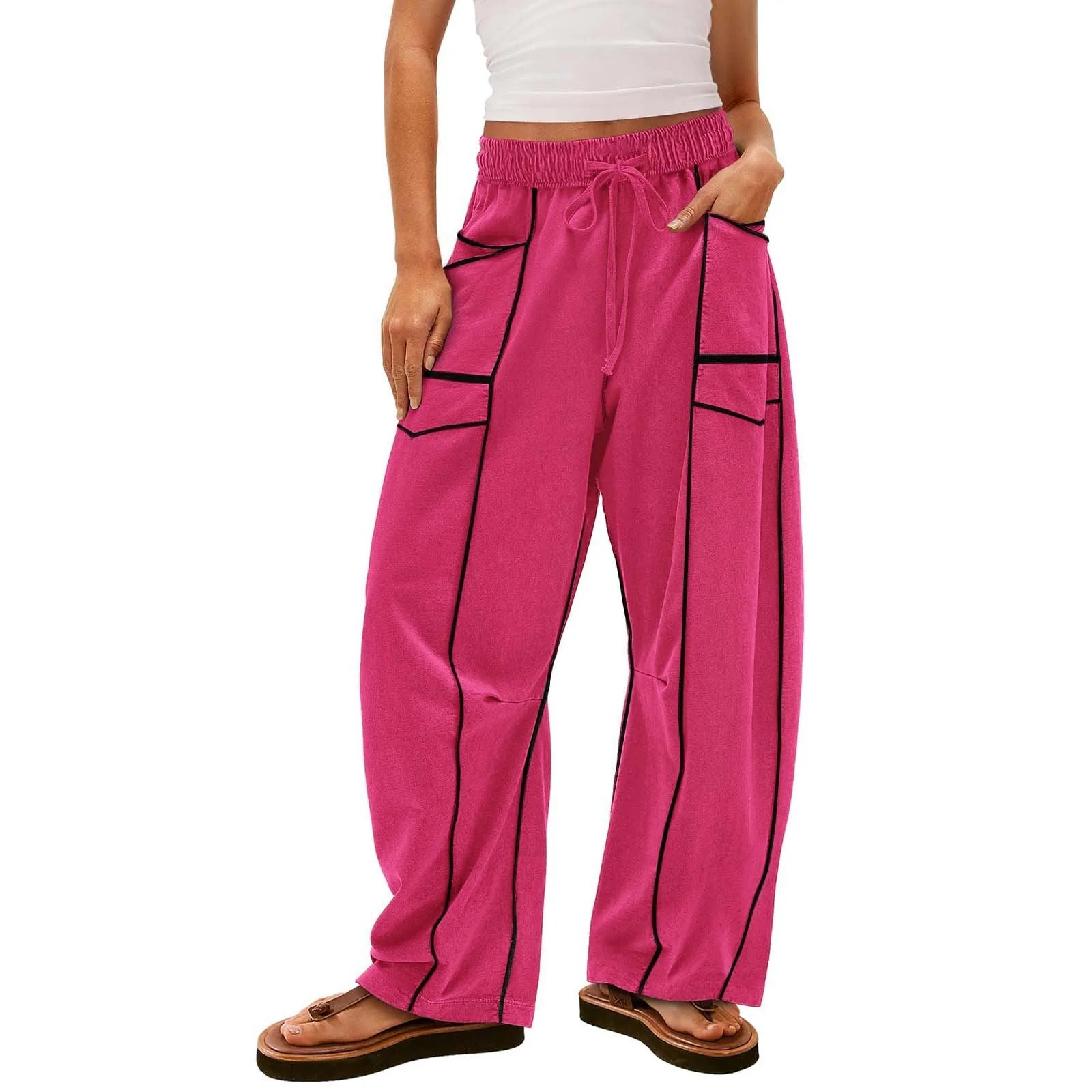 Womens Baggy Barrel Pants Wide Leg Lounge Drawstring Sweatpants with Pockets - Image 3