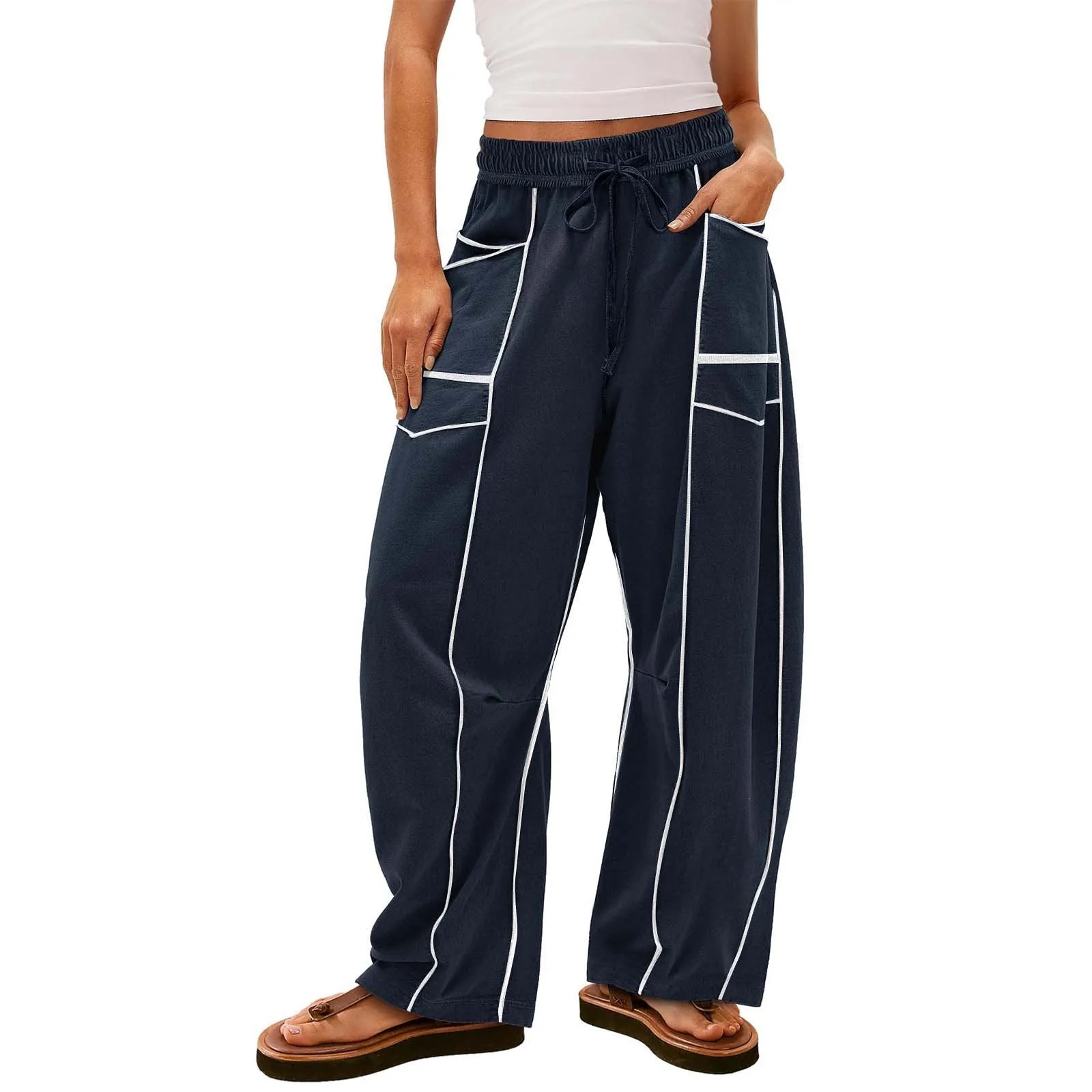 Womens Baggy Barrel Pants Wide Leg Lounge Drawstring Sweatpants with Pockets - Image 4