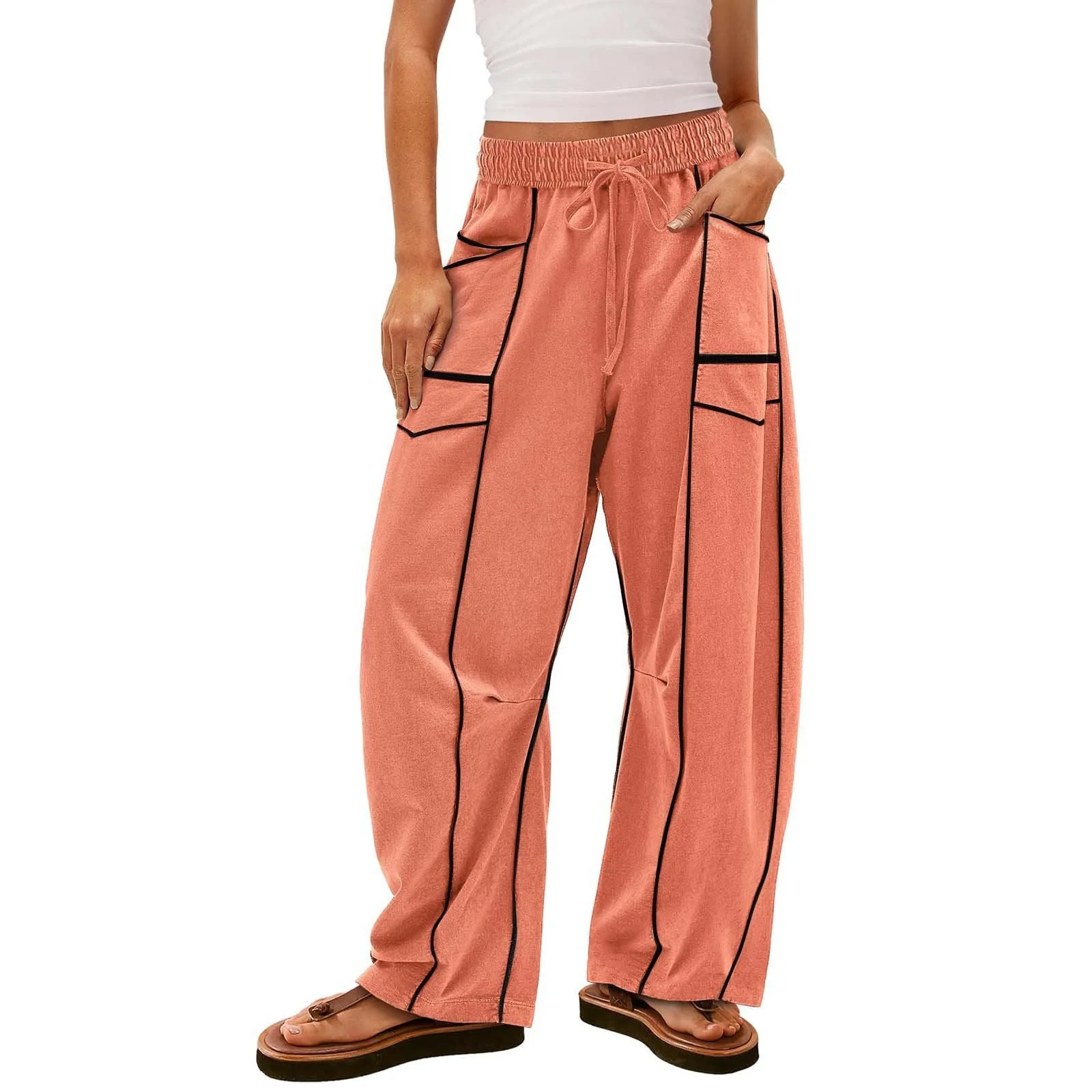 Womens Baggy Barrel Pants Wide Leg Lounge Drawstring Sweatpants with Pockets - Image 5