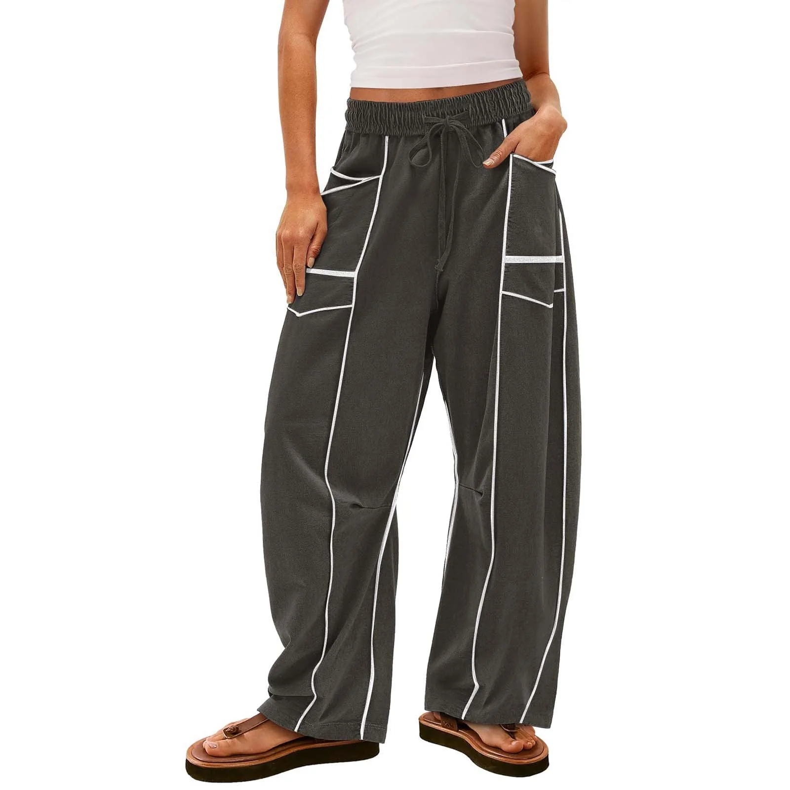 Womens Baggy Barrel Pants Wide Leg Lounge Drawstring Sweatpants with Pockets - Image 6