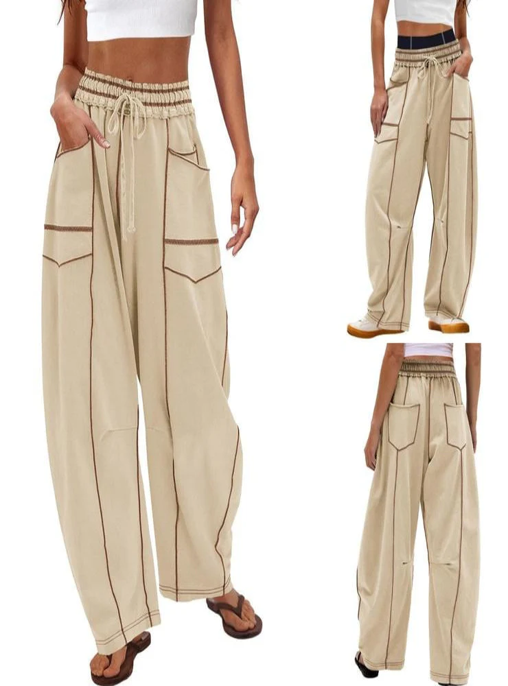 Womens Baggy Barrel Pants Wide Leg Lounge Drawstring Sweatpants with Pockets - Image 8