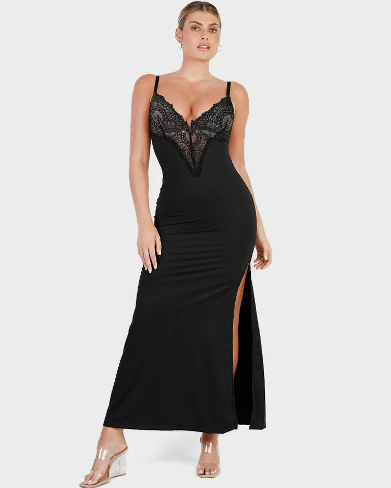 Deep-V Lace High-Slit Maxi Dress with Built-In Shapewear - Image 12