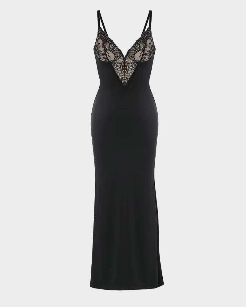 Deep-V Lace High-Slit Maxi Dress with Built-In Shapewear - Image 16