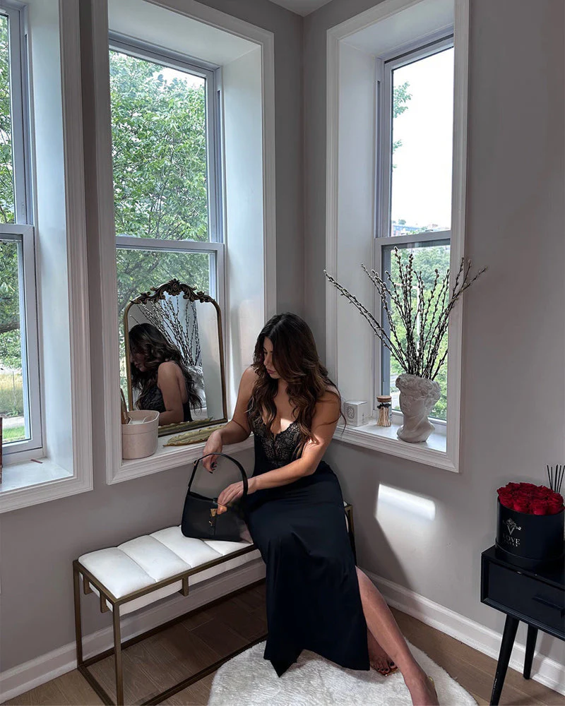 Deep-V Lace High-Slit Maxi Dress with Built-In Shapewear - Image 7