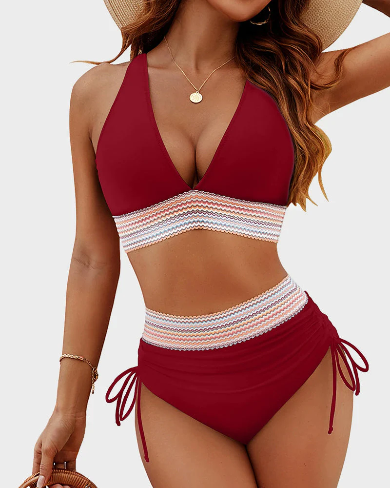 High Waisted Tummy Control Color Block Bikini Sets - Image 14