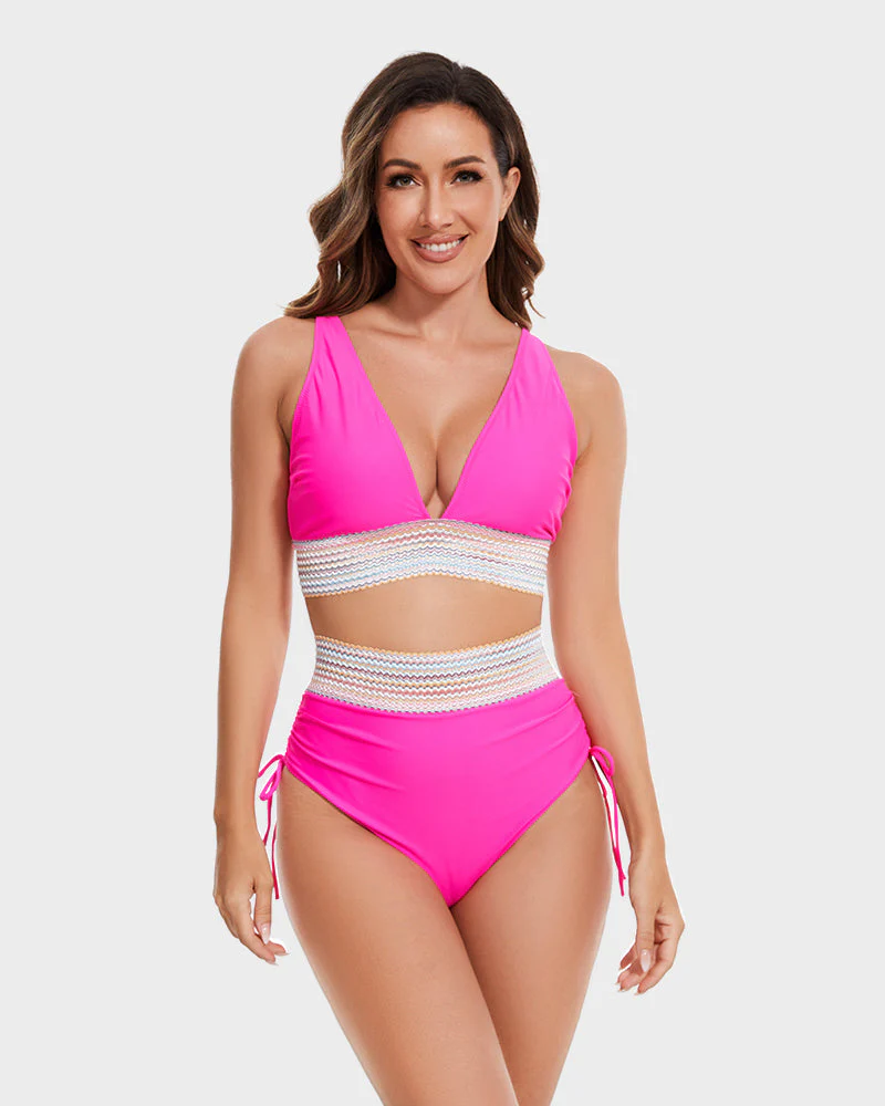 High Waisted Tummy Control Color Block Bikini Sets - Image 26
