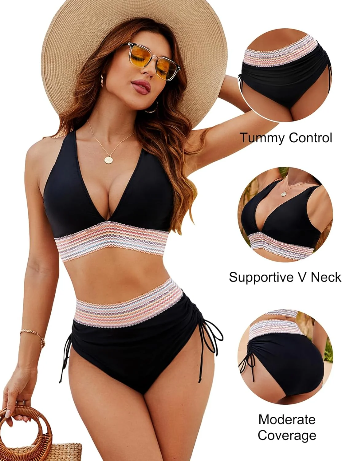 High Waisted Tummy Control Color Block Bikini Sets - Image 6