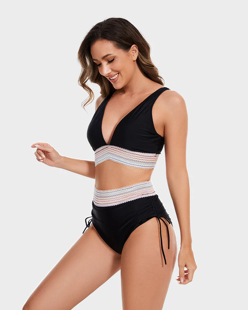 High Waisted Tummy Control Color Block Bikini Sets - Image 9