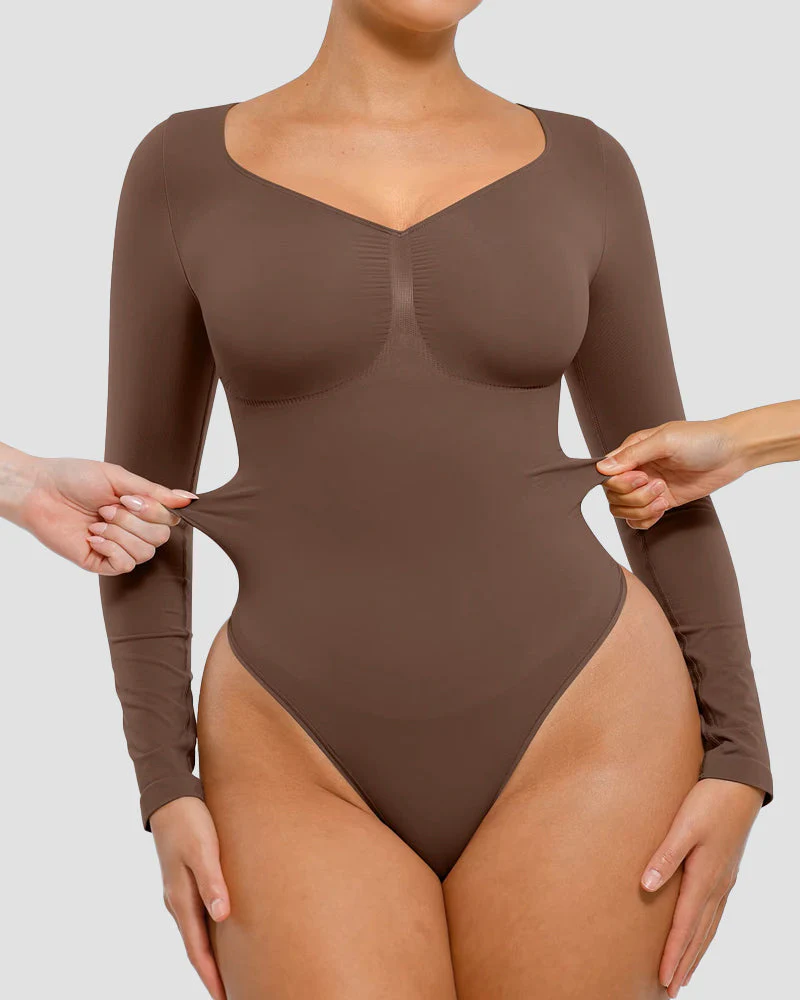Seamless V-Neck Long Sleeve Shaping Bodysuit - Image 3