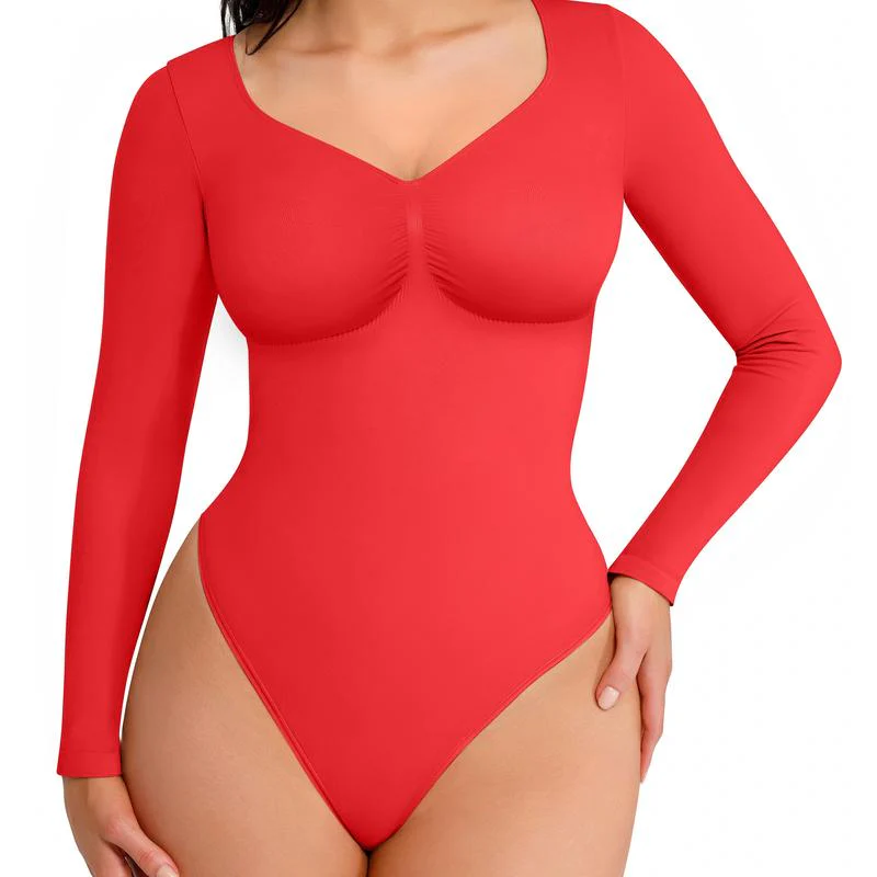 Seamless V-Neck Long Sleeve Shaping Bodysuit - Image 4