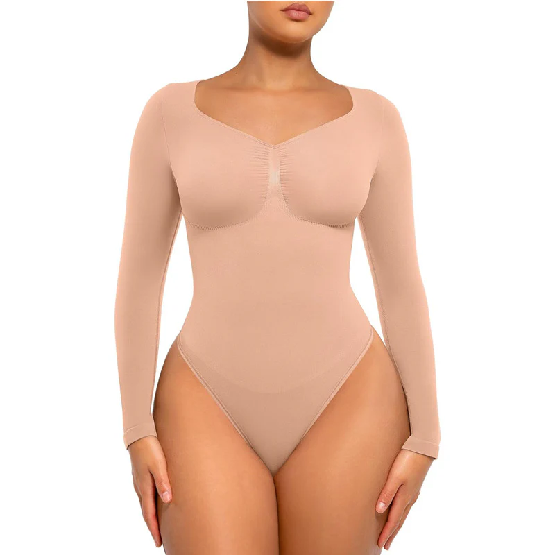 Seamless V-Neck Long Sleeve Shaping Bodysuit - Image 5