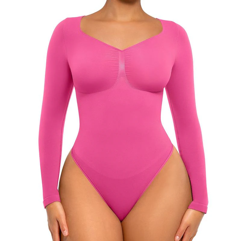 Seamless V-Neck Long Sleeve Shaping Bodysuit - Image 6