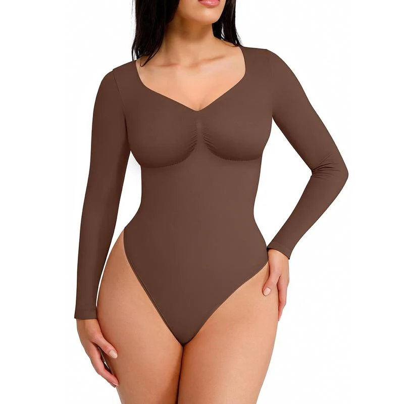 Seamless V-Neck Long Sleeve Shaping Bodysuit - Image 7