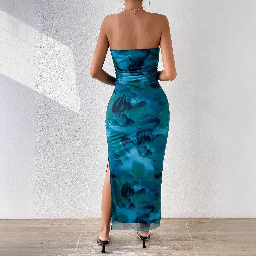 Mesh Floral Pleated Sexy Tight Split Strapless Tube-length Dress - Image 23