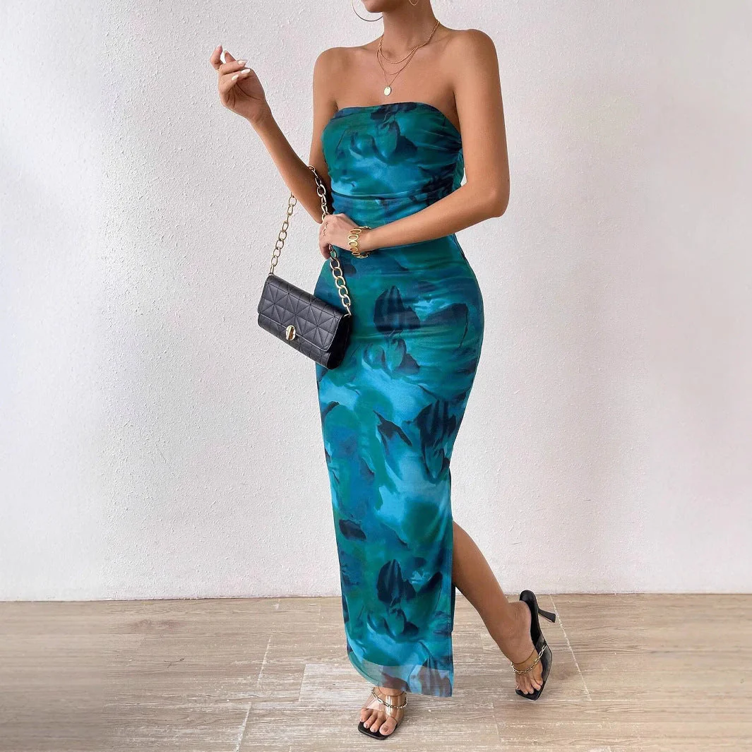 Mesh Floral Pleated Sexy Tight Split Strapless Tube-length Dress - Image 30