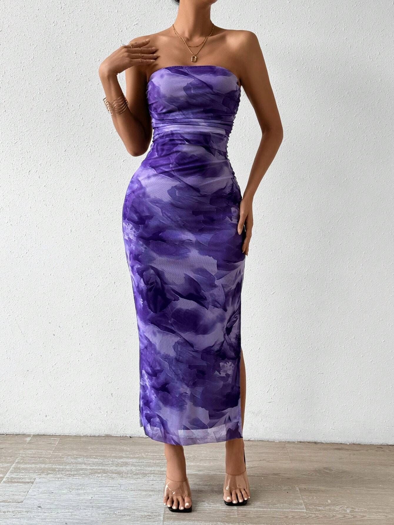 Mesh Floral Pleated Sexy Tight Split Strapless Tube-length Dress - Image 5