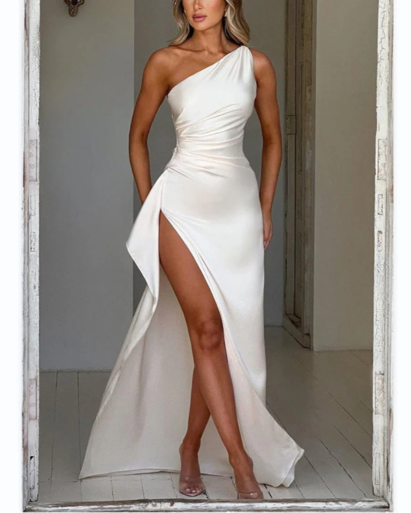 Women's Sexy One Shoulder Satin High Split Cocktail Fit Wedding Party Maxi Formal Dress - Image 11