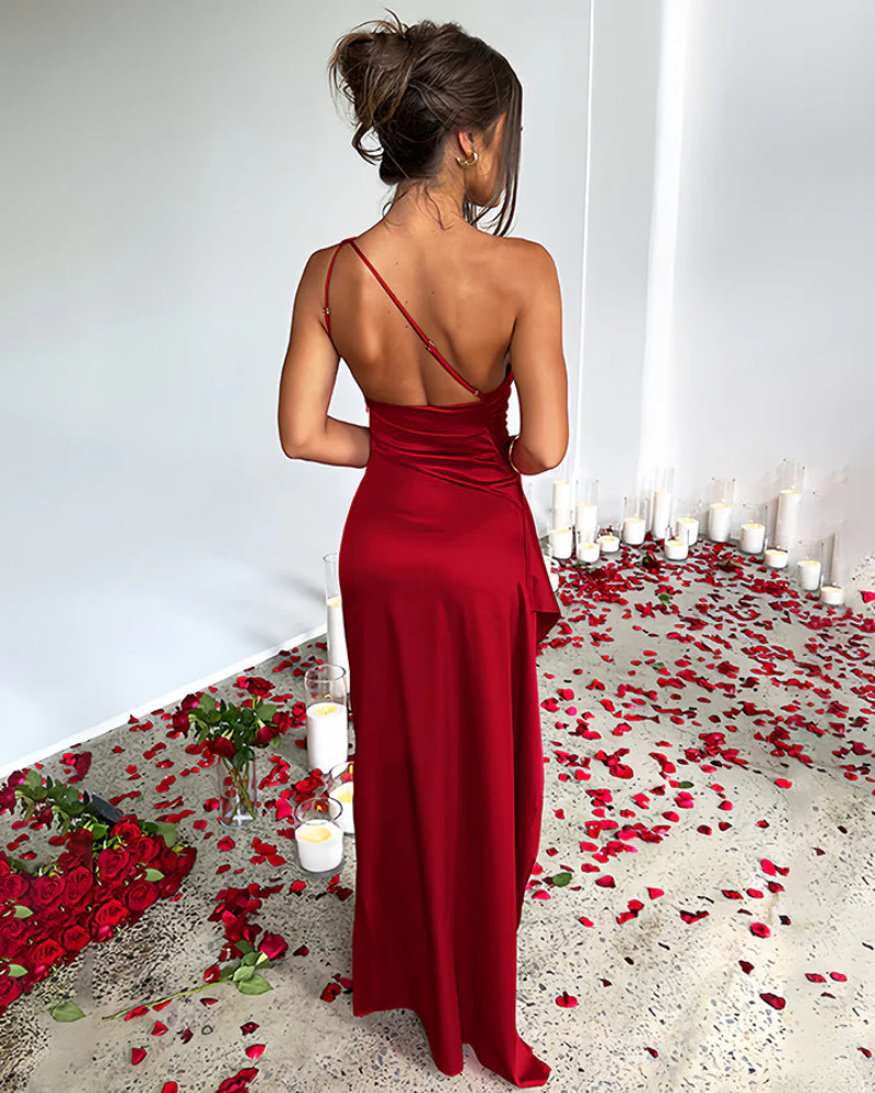 Women's Sexy One Shoulder Satin High Split Cocktail Fit Wedding Party Maxi Formal Dress - Image 15