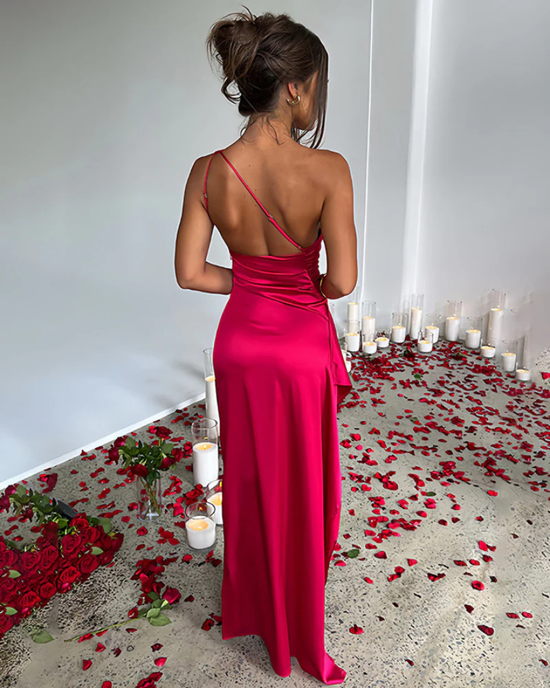 Women's Sexy One Shoulder Satin High Split Cocktail Fit Wedding Party Maxi Formal Dress - Image 3