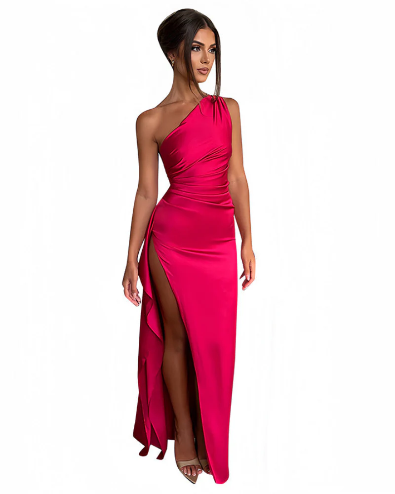 Women's Sexy One Shoulder Satin High Split Cocktail Fit Wedding Party Maxi Formal Dress - Image 5