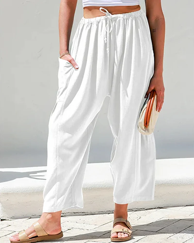 Womens Linen Wide Leg Pants Casual Loose Beach Palazzo Harem Pants with Pockets - Image 10