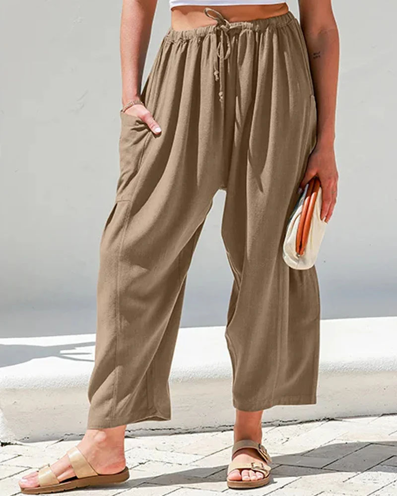 Womens Linen Wide Leg Pants Casual Loose Beach Palazzo Harem Pants with Pockets - Image 14
