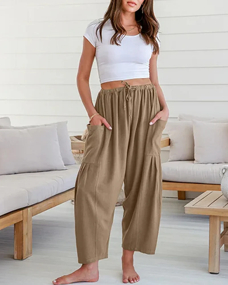 Womens Linen Wide Leg Pants Casual Loose Beach Palazzo Harem Pants with Pockets - Image 15