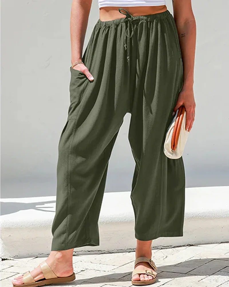 Womens Linen Wide Leg Pants Casual Loose Beach Palazzo Harem Pants with Pockets - Image 17