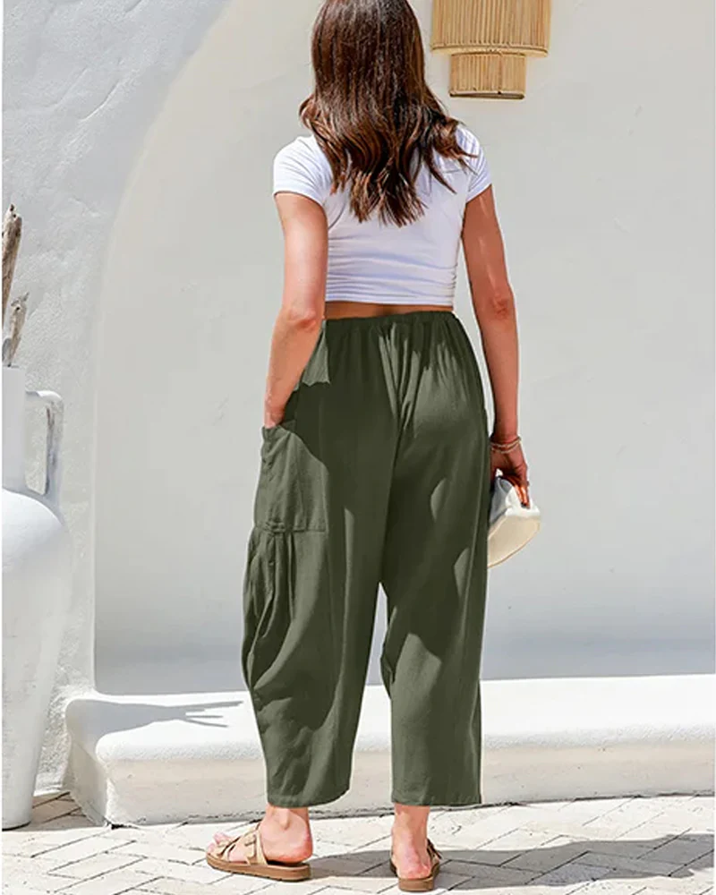 Womens Linen Wide Leg Pants Casual Loose Beach Palazzo Harem Pants with Pockets - Image 19