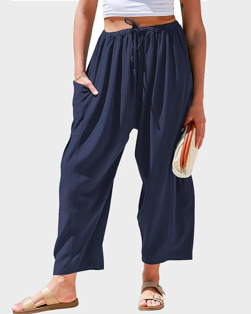 Womens Linen Wide Leg Pants Casual Loose Beach Palazzo Harem Pants with Pockets - Image 20
