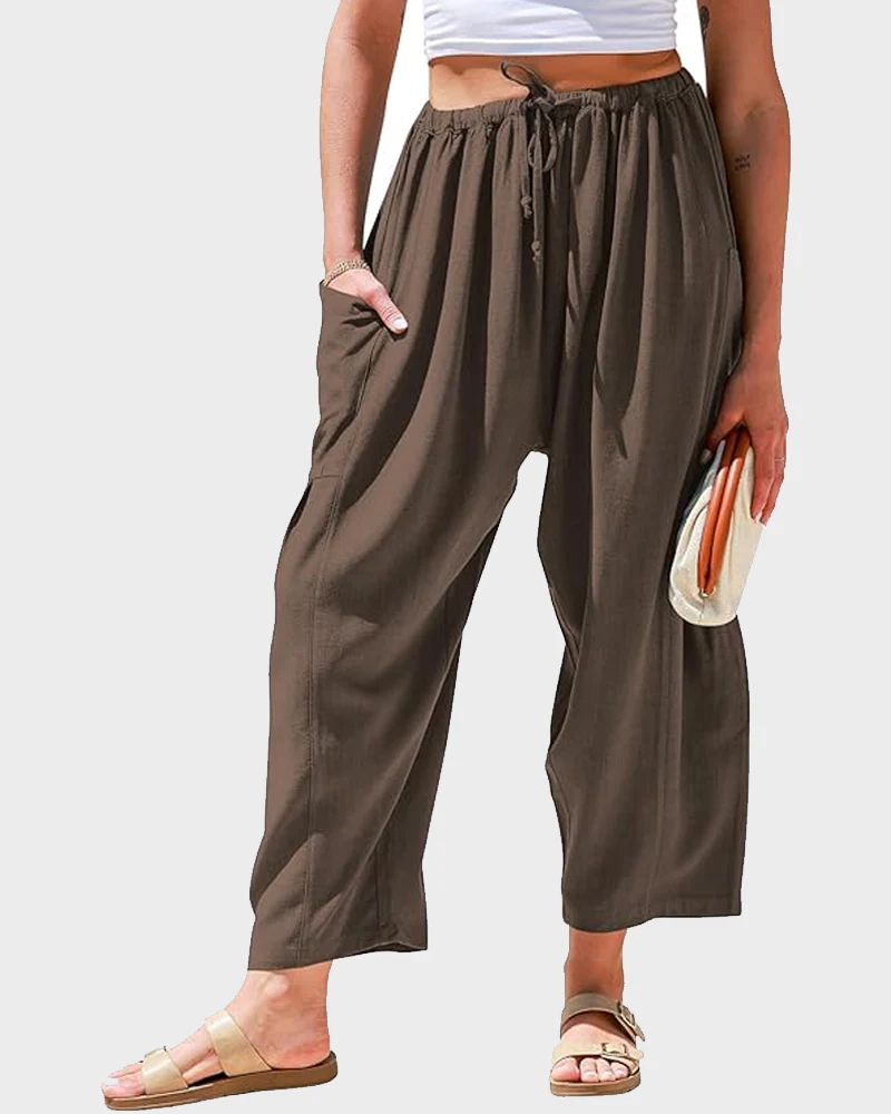 Womens Linen Wide Leg Pants Casual Loose Beach Palazzo Harem Pants with Pockets - Image 22