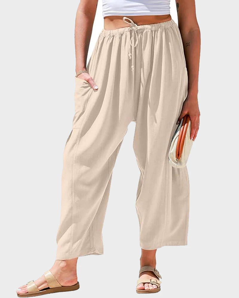 Womens Linen Wide Leg Pants Casual Loose Beach Palazzo Harem Pants with Pockets - Image 25