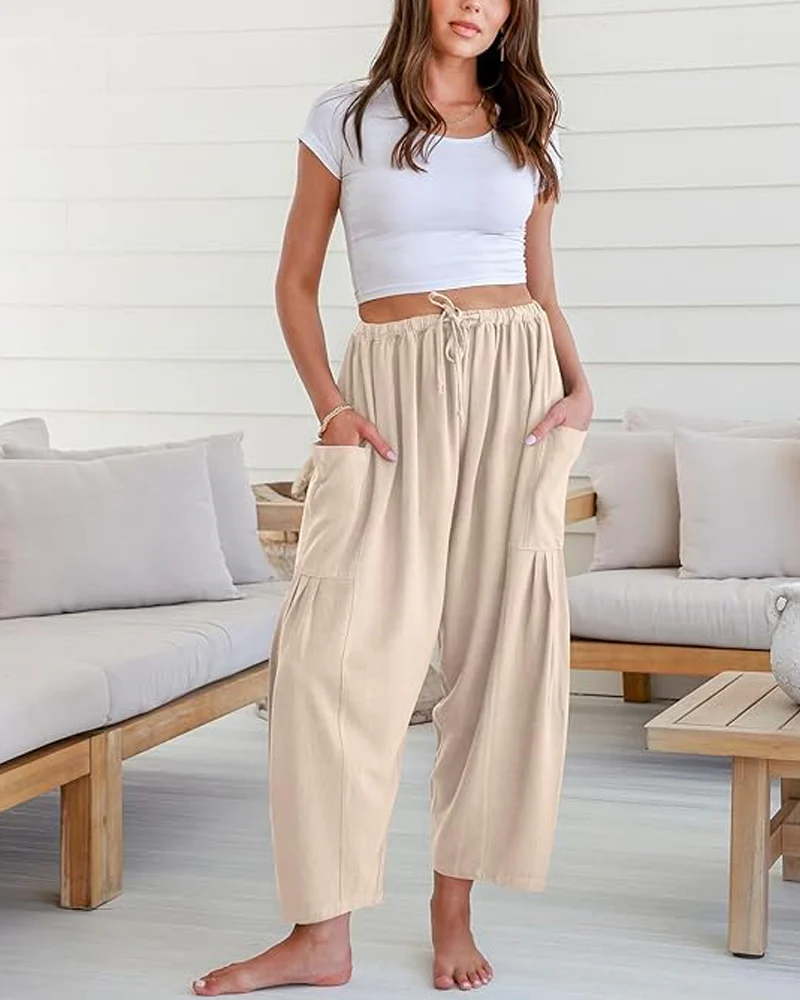 Womens Linen Wide Leg Pants Casual Loose Beach Palazzo Harem Pants with Pockets - Image 26