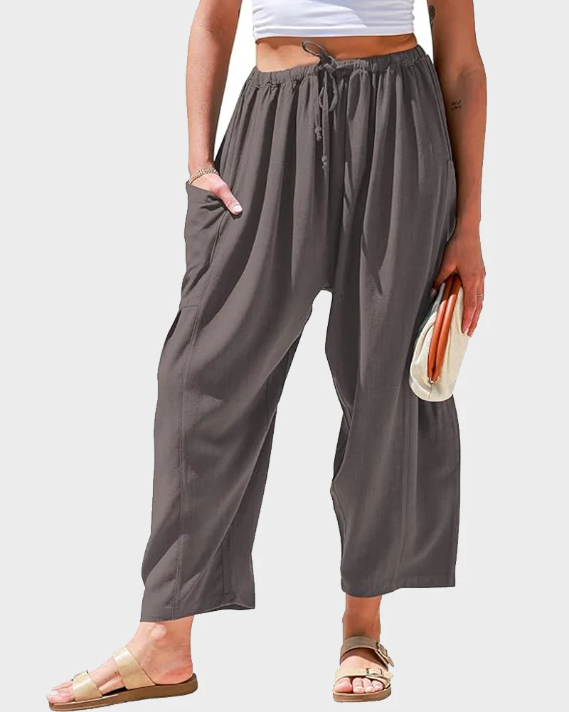 Womens Linen Wide Leg Pants Casual Loose Beach Palazzo Harem Pants with Pockets - Image 28