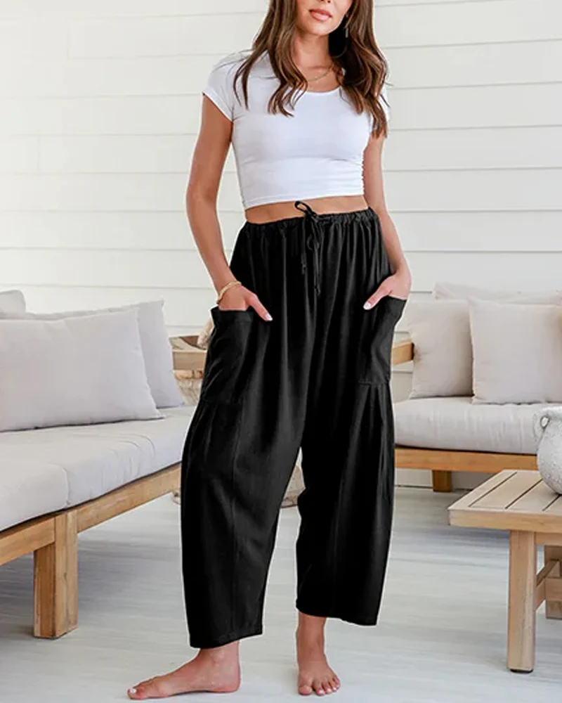 Womens Linen Wide Leg Pants Casual Loose Beach Palazzo Harem Pants with Pockets - Image 3