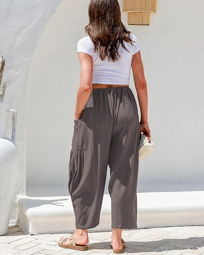 Womens Linen Wide Leg Pants Casual Loose Beach Palazzo Harem Pants with Pockets - Image 30