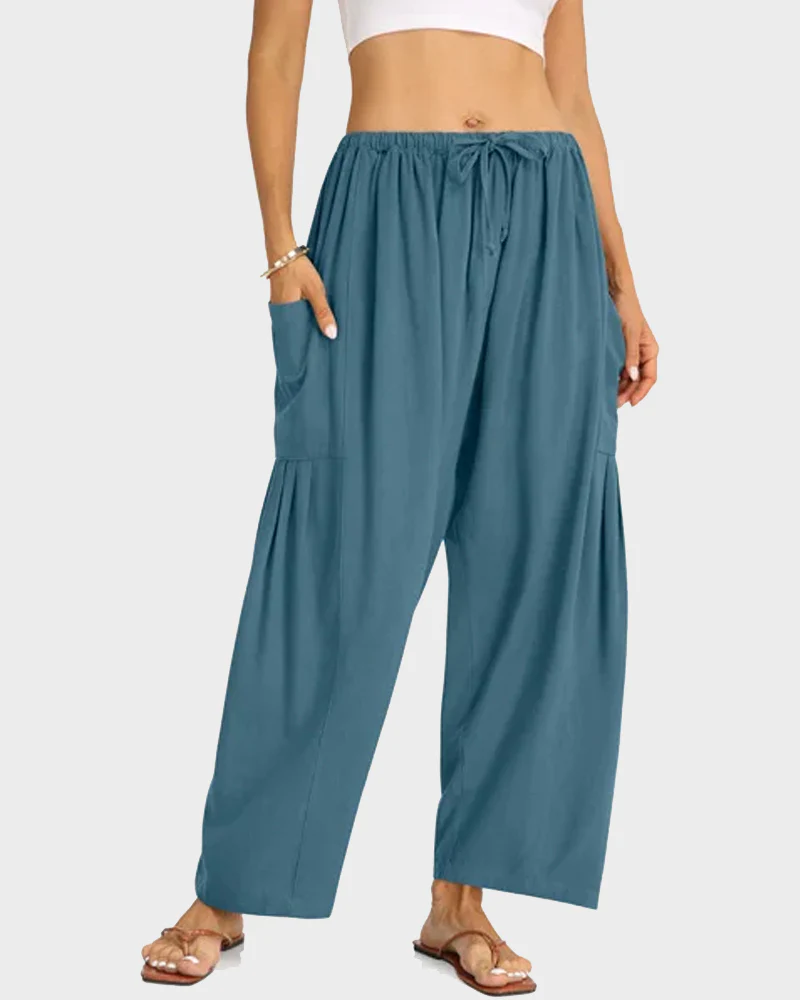 Womens Linen Wide Leg Pants Casual Loose Beach Palazzo Harem Pants with Pockets - Image 31