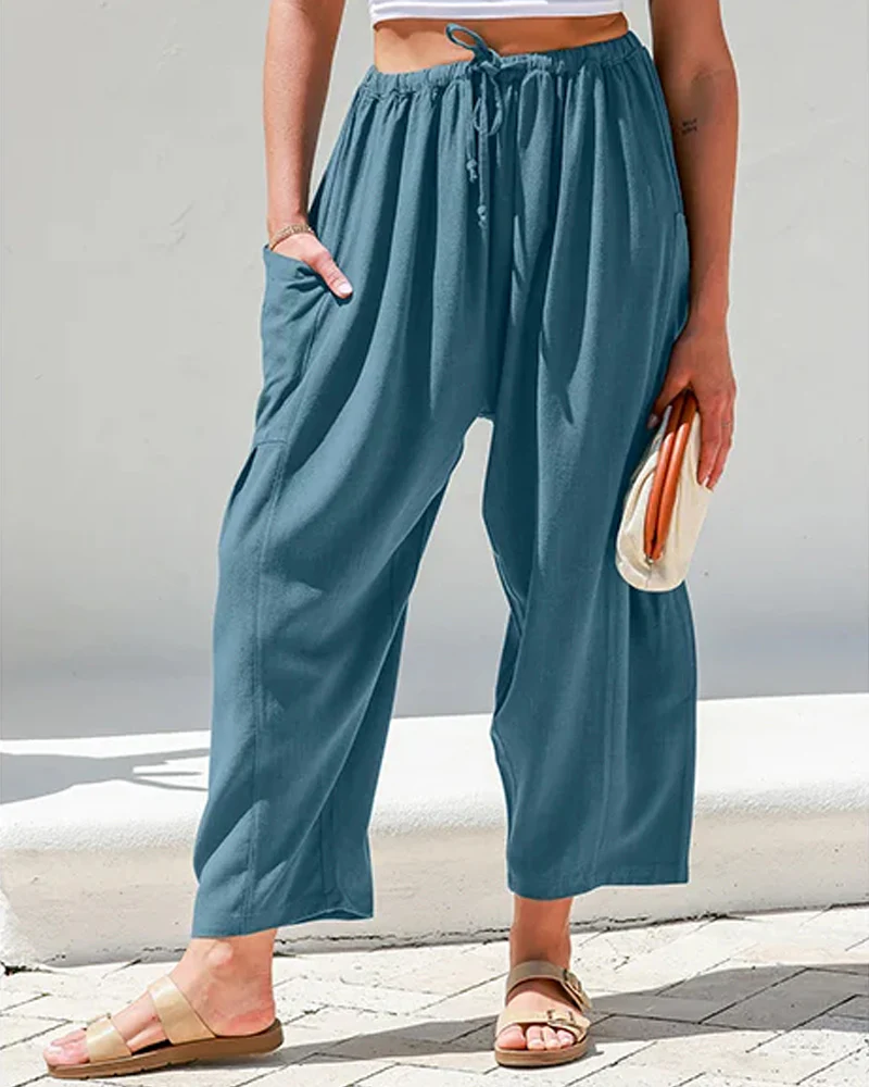 Womens Linen Wide Leg Pants Casual Loose Beach Palazzo Harem Pants with Pockets - Image 32