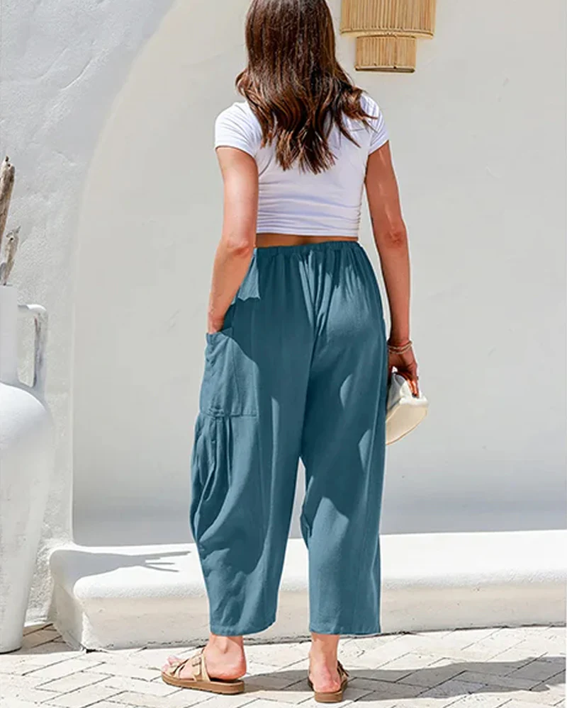 Womens Linen Wide Leg Pants Casual Loose Beach Palazzo Harem Pants with Pockets - Image 34
