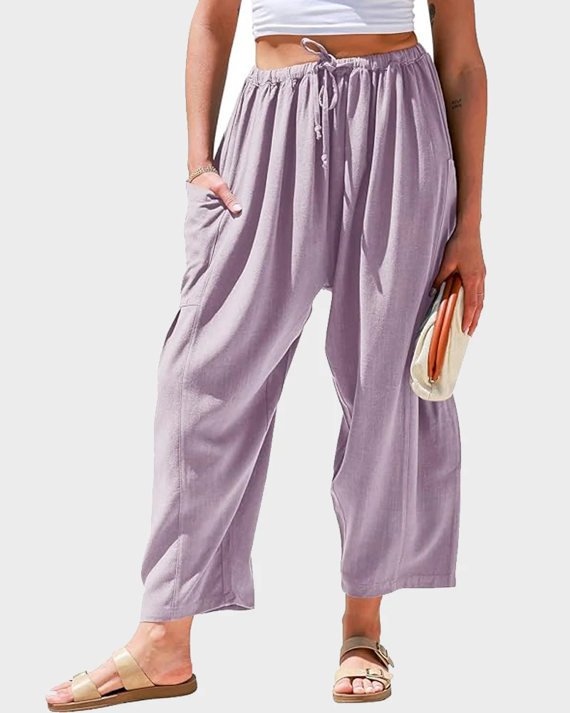 Womens Linen Wide Leg Pants Casual Loose Beach Palazzo Harem Pants with Pockets - Image 35