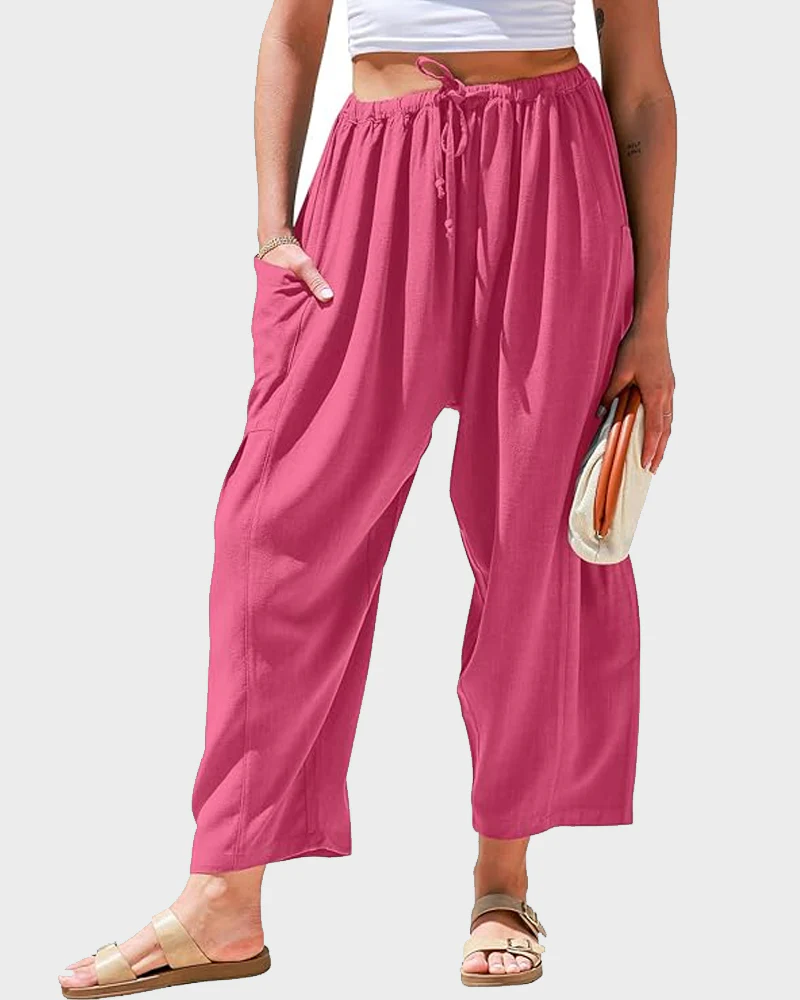 Womens Linen Wide Leg Pants Casual Loose Beach Palazzo Harem Pants with Pockets - Image 38