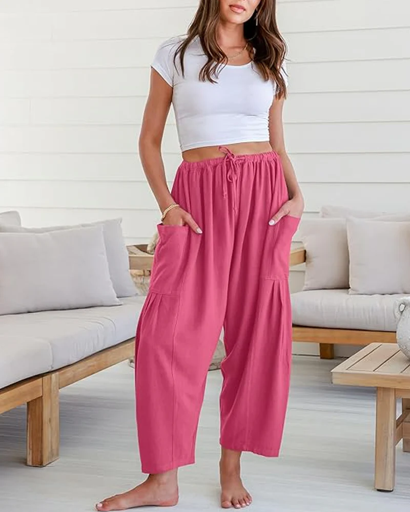 Womens Linen Wide Leg Pants Casual Loose Beach Palazzo Harem Pants with Pockets - Image 39