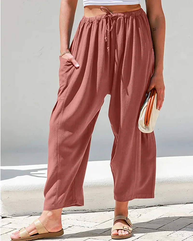 Womens Linen Wide Leg Pants Casual Loose Beach Palazzo Harem Pants with Pockets - Image 6