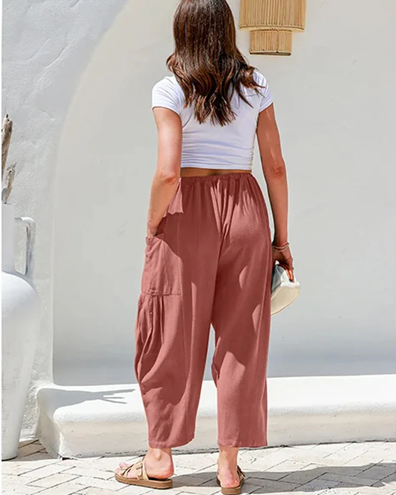 Womens Linen Wide Leg Pants Casual Loose Beach Palazzo Harem Pants with Pockets - Image 8