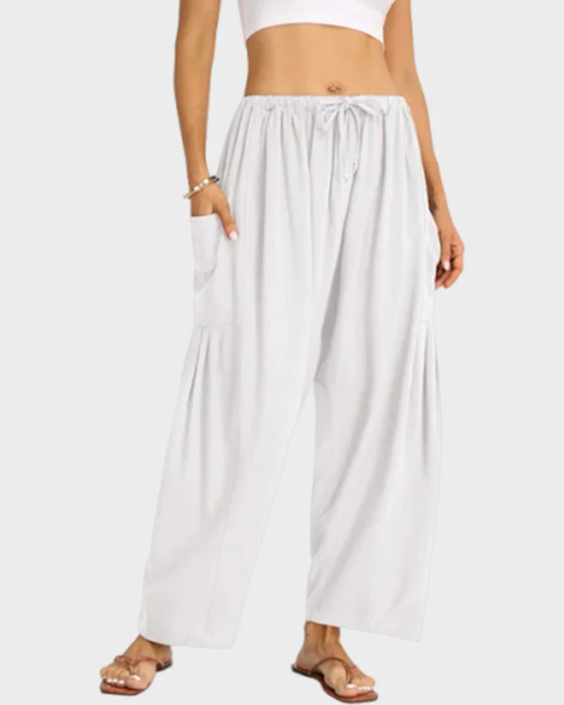Womens Linen Wide Leg Pants Casual Loose Beach Palazzo Harem Pants with Pockets - Image 9