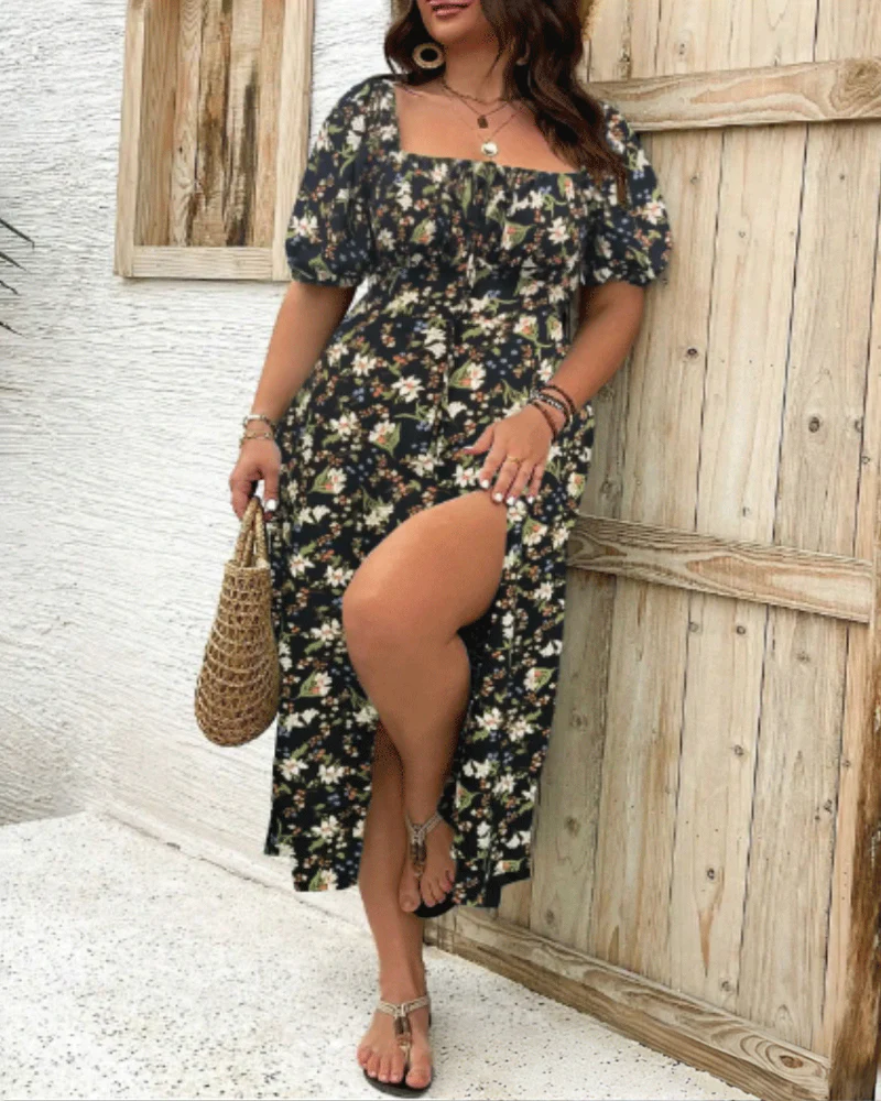 Women's Plus Size Temperament Slimming Split Floral Dress - Image 7