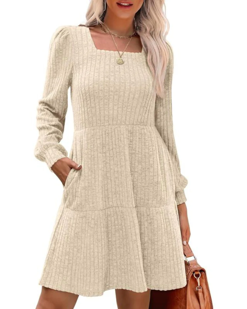 Womens Square Neck Long Sleeve Fall Dresses Casual Babydoll Sweater Dress - Image 10