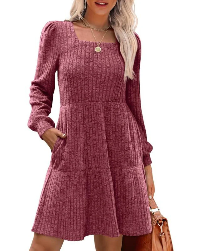 Womens Square Neck Long Sleeve Fall Dresses Casual Babydoll Sweater Dress - Image 11