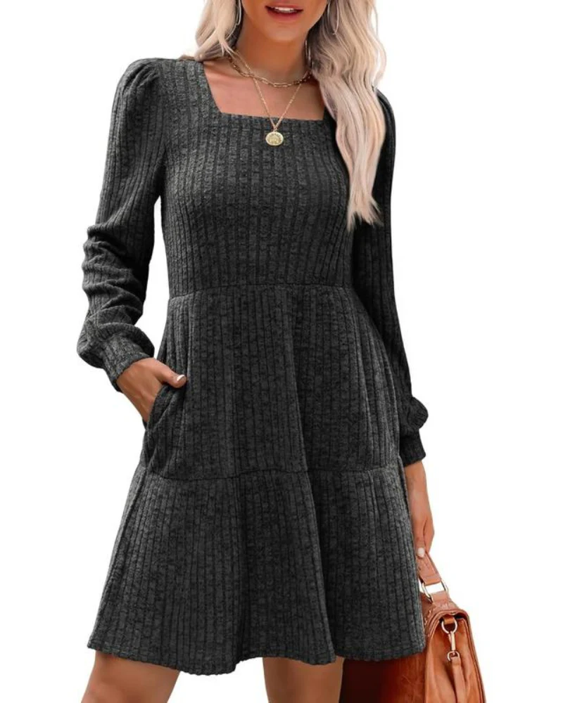 Womens Square Neck Long Sleeve Fall Dresses Casual Babydoll Sweater Dress - Image 12